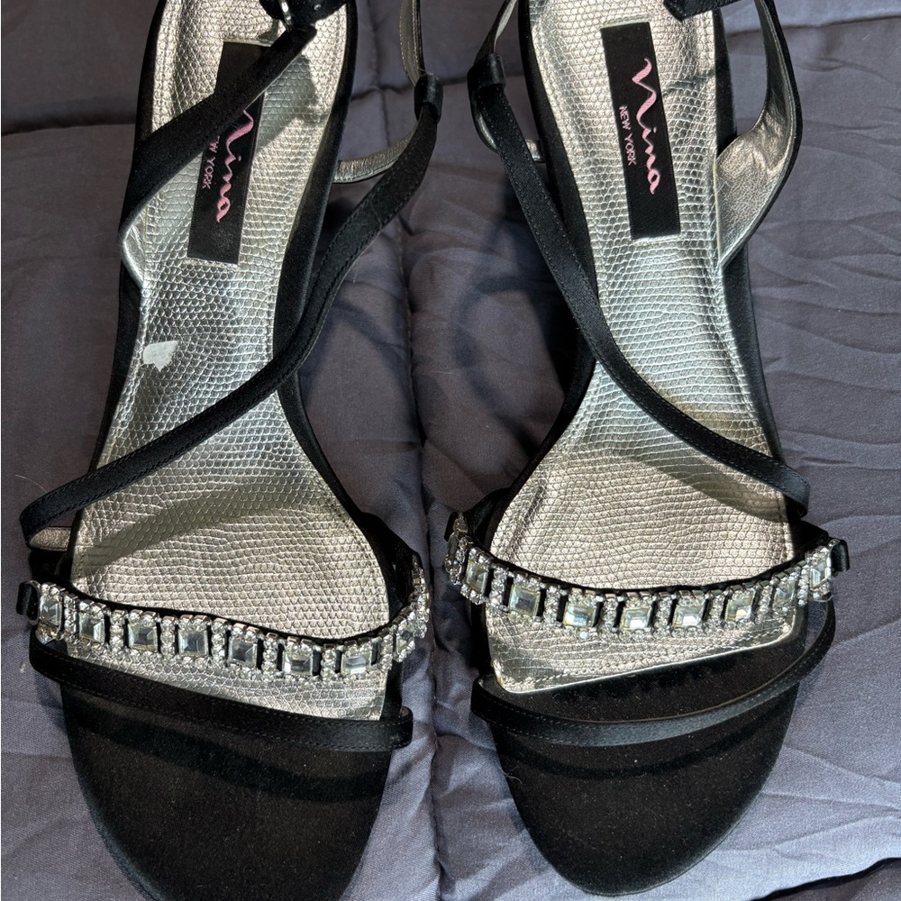 Nina Black Strappy Heels with Crystal Accent